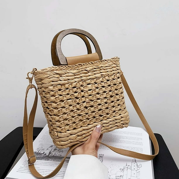 Cartera pequeña tejida de paja con asa, s informales Retro, de paja portátil para ocasiones de oficina, fiestas, bailes, vacaciones , Caqui