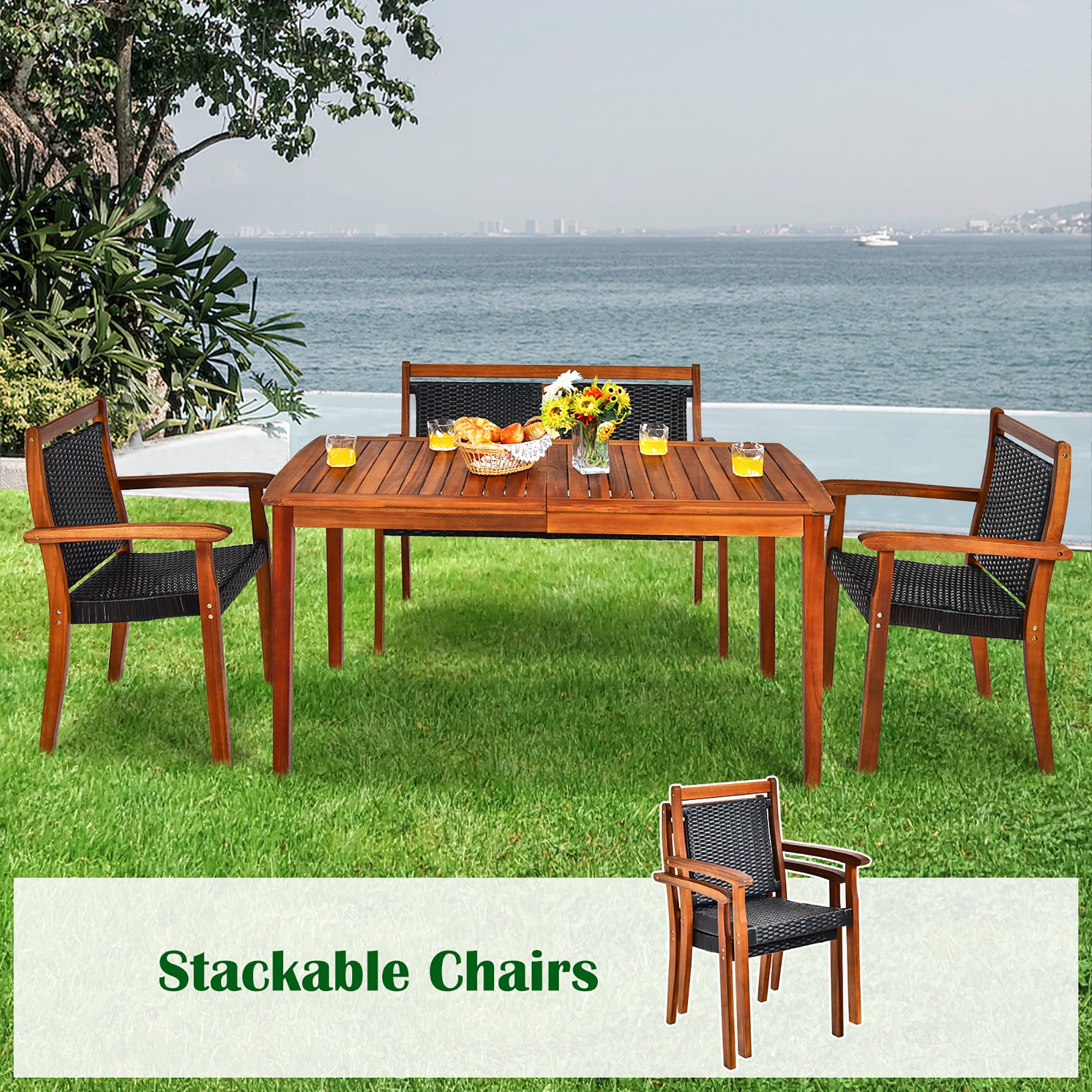 Costway 4PCS Patio Rattan Dining Furniture Set Acacia Wood Frame Stackable Chair Loveseat