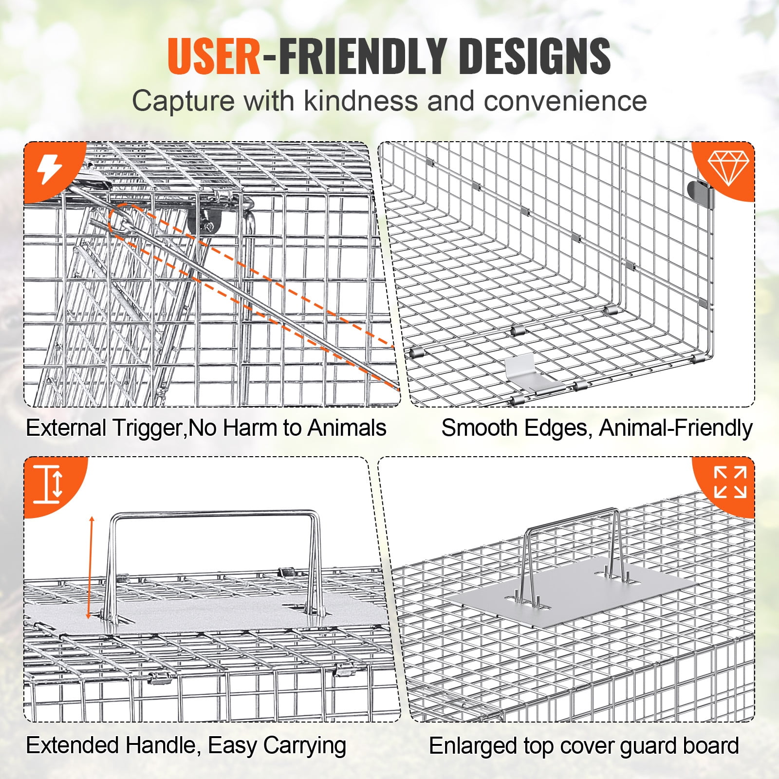 KFFKFF Humane Animal Trap 42" x 16" x 18", Foldable Cage with Carrying Handle for Capturing Stray Dogs, Cats, Raccoons & More