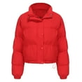 thumbnail image 4 of Women's Short Puffer Jacket Solid Color Quilted Outerwear Warm Cropped Oversized Zip Up Jacket Winter Stand Collar Coat (Red M), 4 of 6