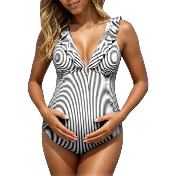Gyexs Maillot de Bain de Maternité à Volants, Col en V, Rayé, une Pièce, Plage/piscine, Dos Nu, à Lacets, Décontracté, Grossesse, Noir, Taille g
