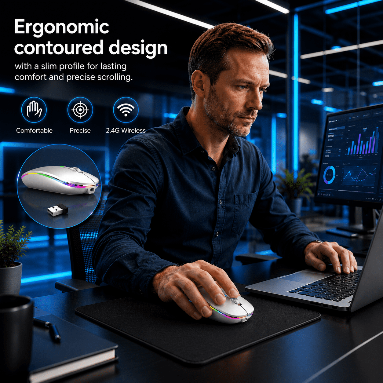 Verdevida Wireless Bluetooth Rechargeable Mouse with LED lights, Dual Mode BT 5.2 & 2.4G with Nano Receiver, Portable Mouse for Laptop,Macbook,iPad