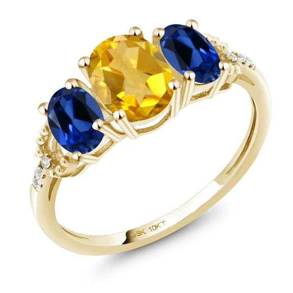 Gem Stone King 10K Yellow Gold Yellow Citrine and Blue Created Sapphire Women Diamond Accent Engagement Ring (1.97 Cttw, Gemstone Birthstone, Size 9)