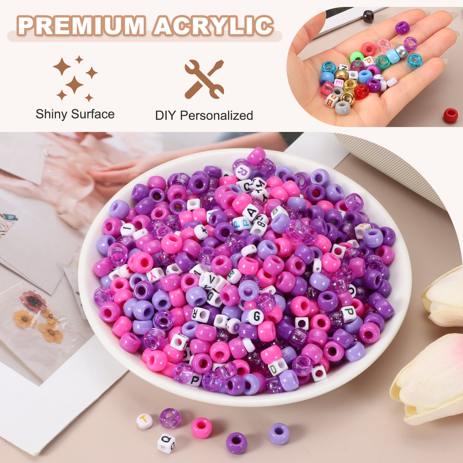 Uxcell 1000 Pcs Pony Beads 6 x 9 mm Acrylic Friendship Bracelet Making Kit with Letter Bead, Purple