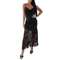 thumbnail image 2 of Women Elegant Satin Lace Trim Cowl Neck Spaghetti Strap Dress Backless Asymmetrical Hem Dresses, 2 of 10