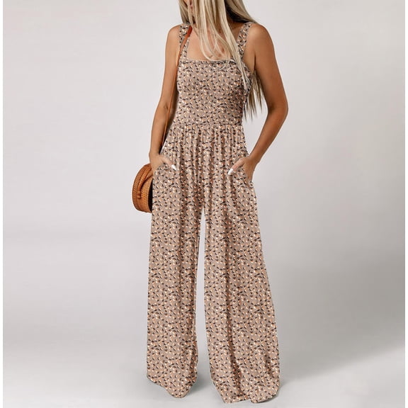 BRGZLK Women Floral Loose Overalls Rompers Square Neck Sleeveless Boho Printed Pleated Wide Leg Casual Long Pants Jumpsuits Lightweight Comfy Overall 2026 Fall Winter Clothes Khaki L