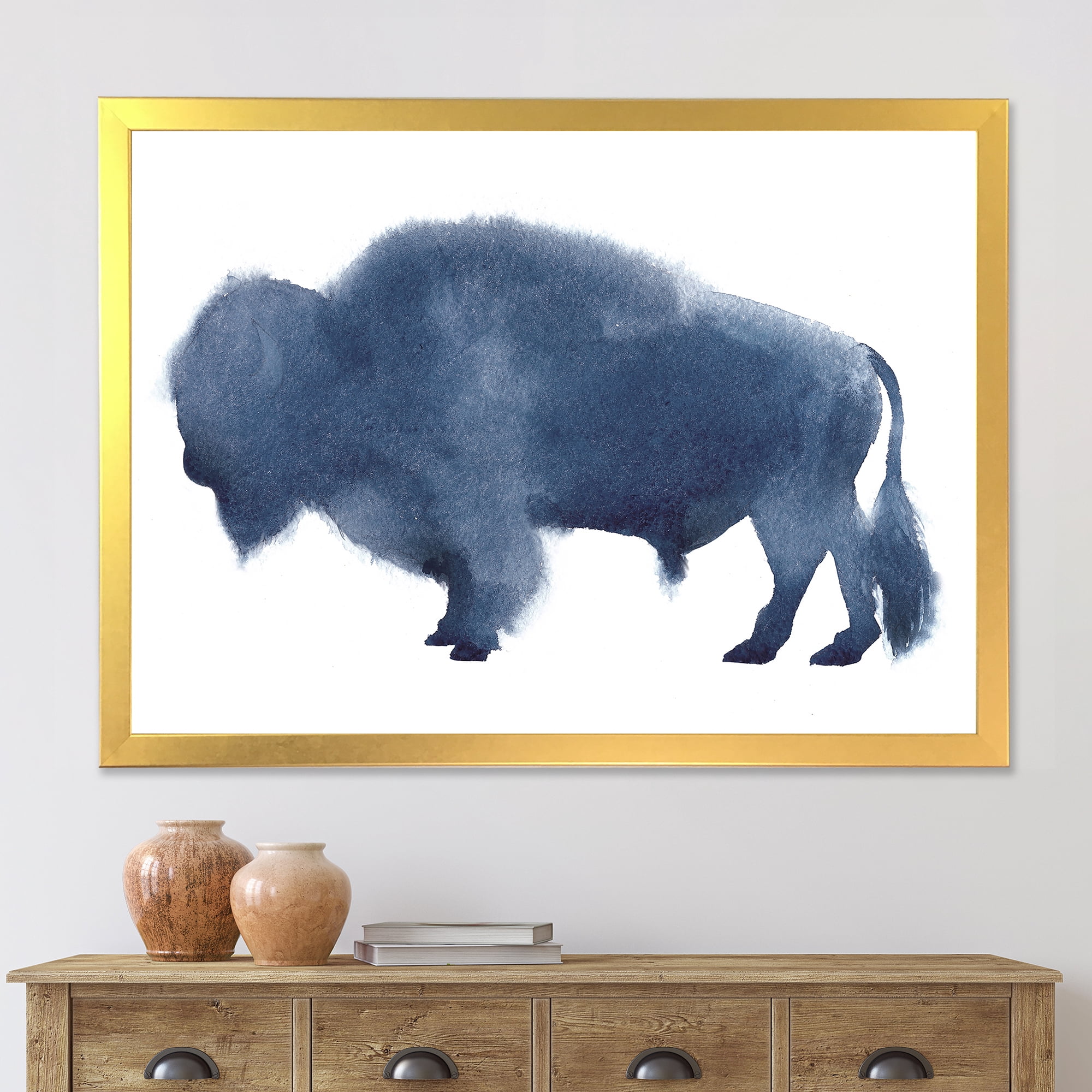 Designart 'Navy Blue Bison Silhouette On White' Farmhouse Framed Art Print