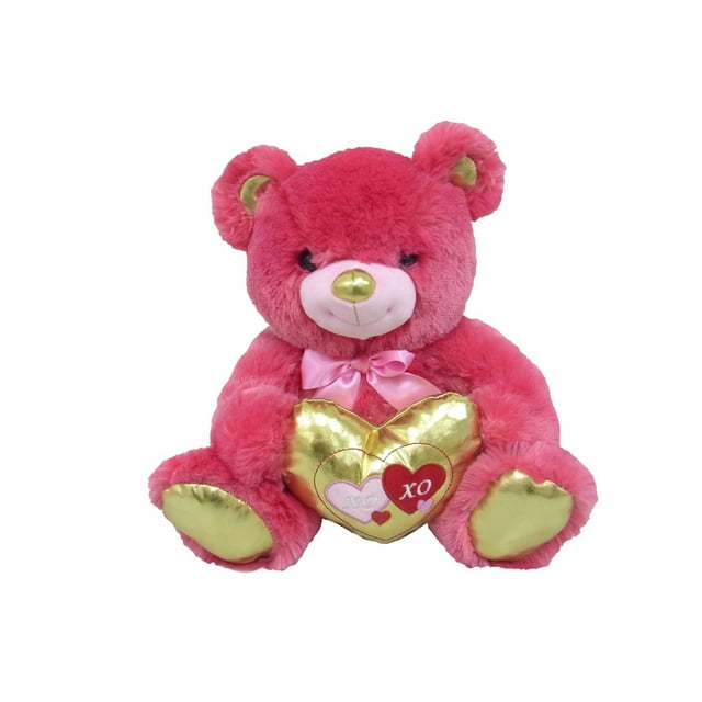 Peluche rose vif en forme d'ours assis Walmart Private Label avec un cœur