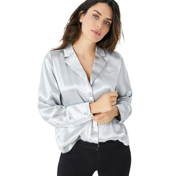 Ellos Women's Metallic Satin Button-Down Blouse Shirt - Walmart.com