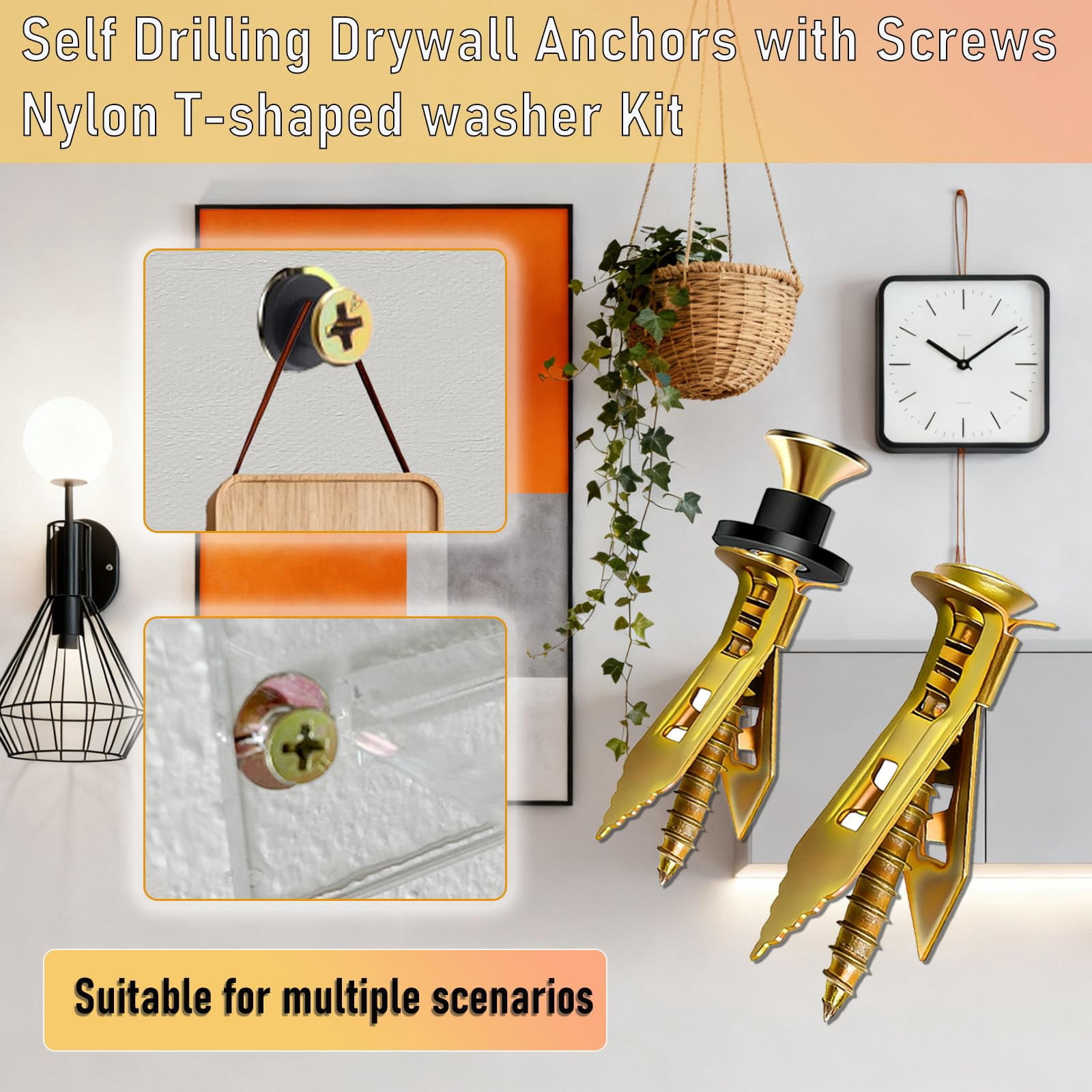 151Pcs Self Drilling Drywall Anchors Kit, 50 Sheetrock Anchors, 50 Screws(M4 X 40MM), 50 Washers & 1 Phillips Bit, No Drill Needed for Wall Decoration, Fixing & Hanging