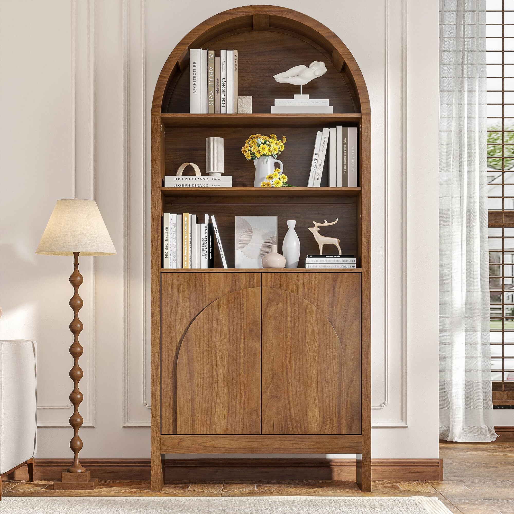 Fsbecl Mid Century Arched Bookcase, Display Case Storage Cabinet, Large Library Arch Bookshelf for Living Room