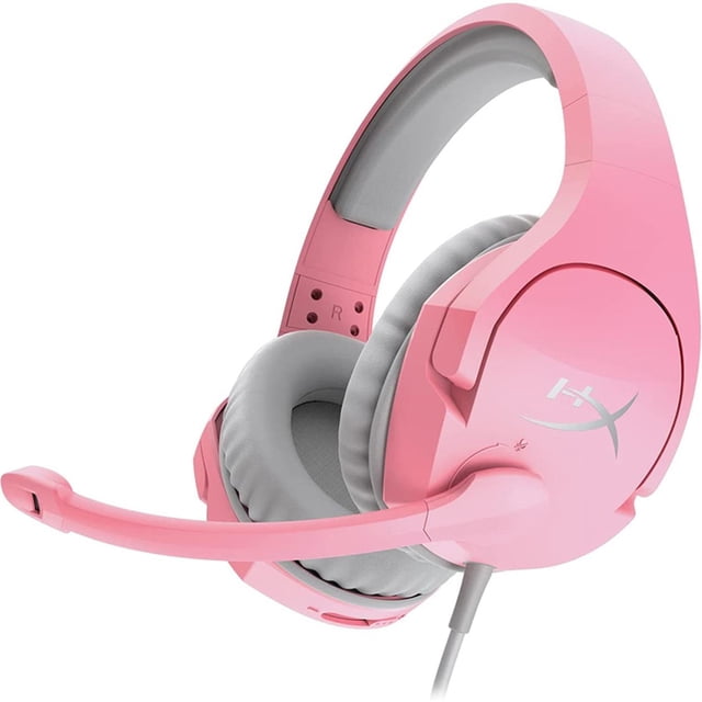 audifonos gamer hyperx cloud stinger xbox ps4 ps5 nintendo hyperx cloud stinger pink Audífonos circumaurales HyperX Cloud Stinger color rosa con diadema acolchada y copas ovaladas, altavoces de 50 mm, micrófono condensador unidireccional abatible; impedancia 30 Ω y respuesta 18 Hz-23,000 Hz. Diseño mostrado sobre fondo blanco; también suelen usarse para chat de voz y streaming casual.
