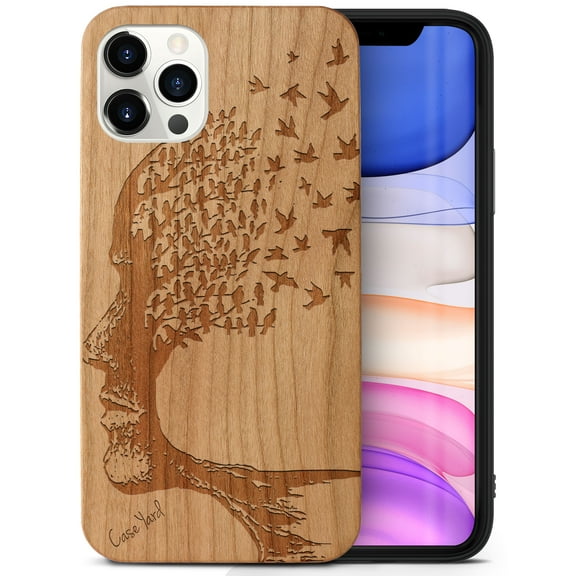 Case Yard Wooden Case Outside Soft TPU Silicone Slim Fit Shockproof Wood Phone Cover for Girls Boys Men and Women Supports Wireless Charging Head with Flying Birds Design case for iPhone-11-Pro