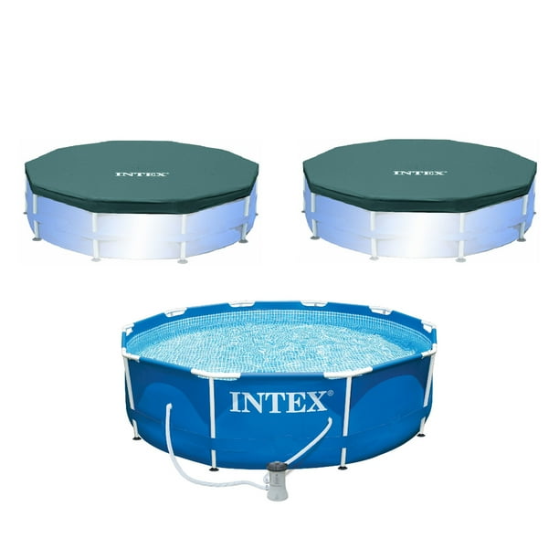 Intex 10 x 2.5Foot Frame Pool w/ Filter Pump & Intex 10 ft Vinyl Cover, 2 Pack