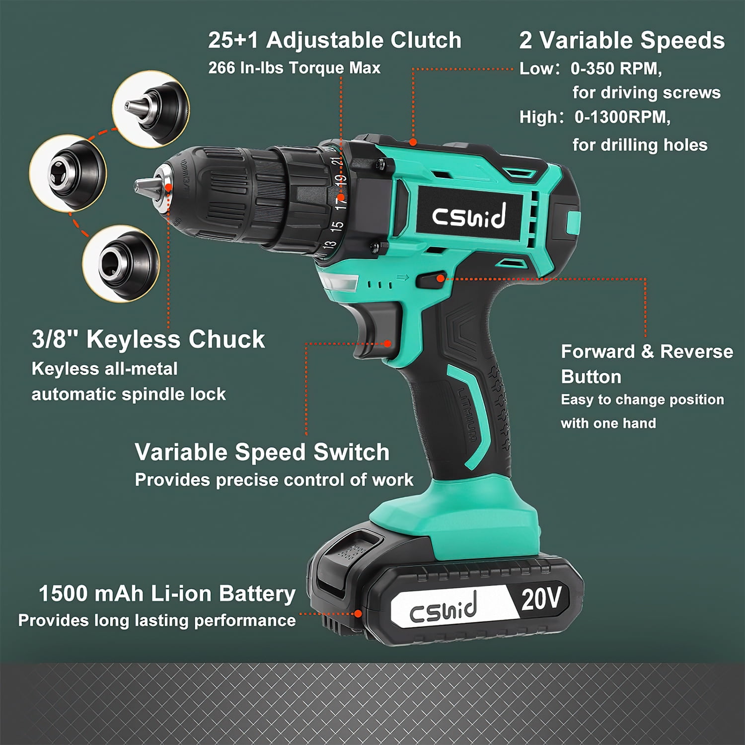 Cshidworld 20V Cordless Drill, Electric Power Drill Set with 1 Battery & Charger, 3/8" Keyless Chuck, 2 Variable Speed & LED Light, 266 In-lb Torque, 25+1 Position and 34pcs Drill/Driver Bits(Green)