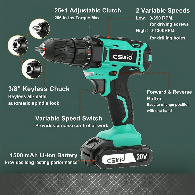 20V Cordless Power Drill Set, Drill Kit with 1 Lithium-Ion & Charger, 3/8 inch Keyless Chuck, Electric Drill w/ 2 Variable Speed & LED Light, 25+1