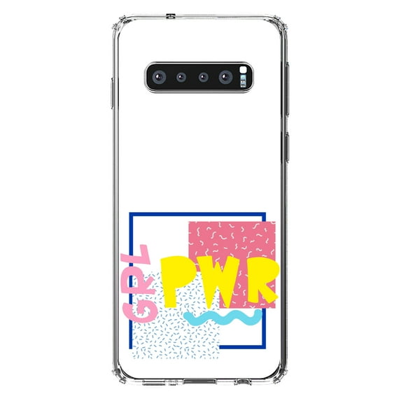DistinctInk Clear Shockproof Hybrid Case for Samsung Galaxy S10+ PLUS(6.4" Screen) - TPU Bumper, Acrylic Back, Tempered Glass Screen Protector - Girl Power - GRL PWR - Retro 80's Look