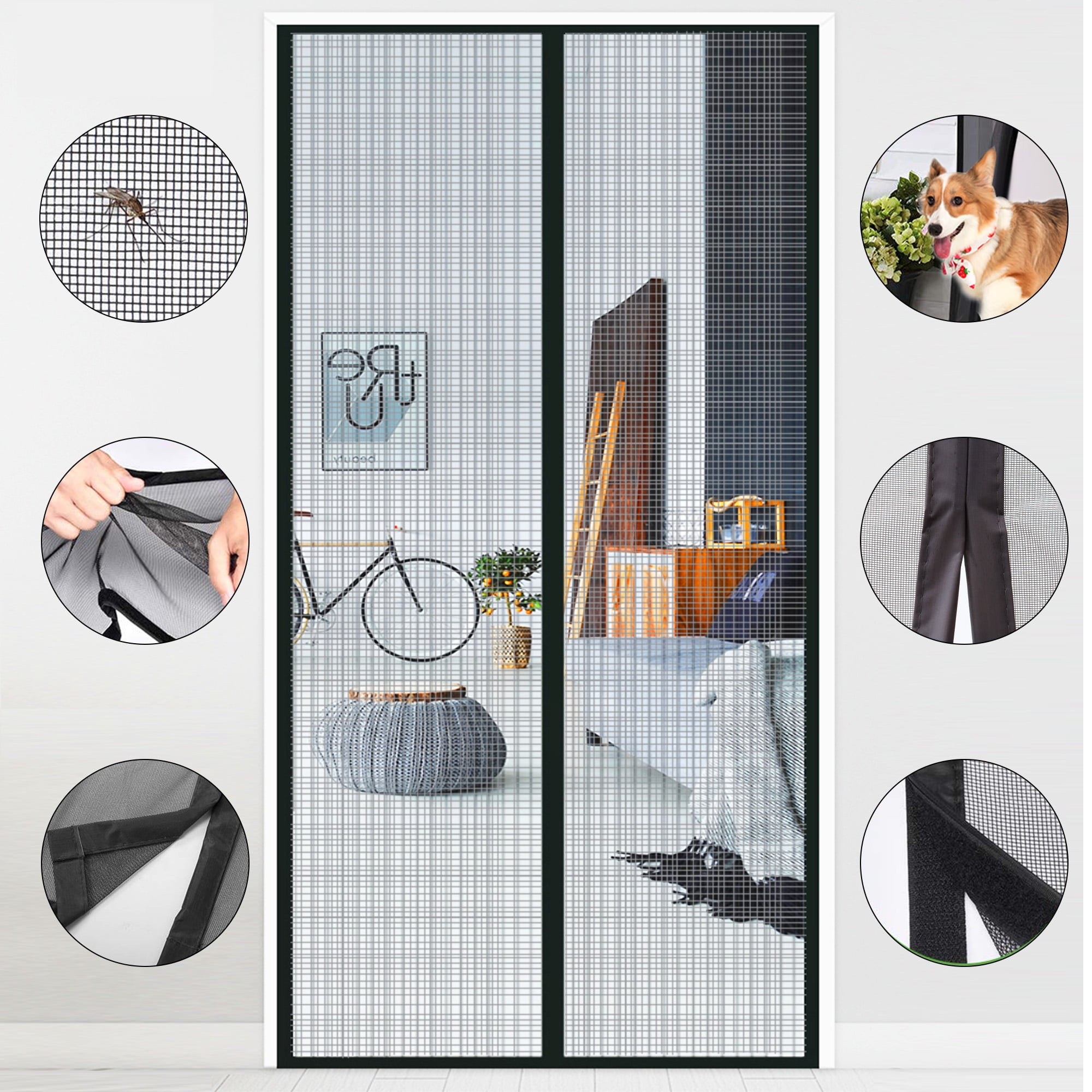 Fits Doors Up to 34 x 82 Max Magnetic Screen Door with Full Frame Hook & Loop Durable Mesh Keep Bug Fly Mosquito Out and Close Automatically