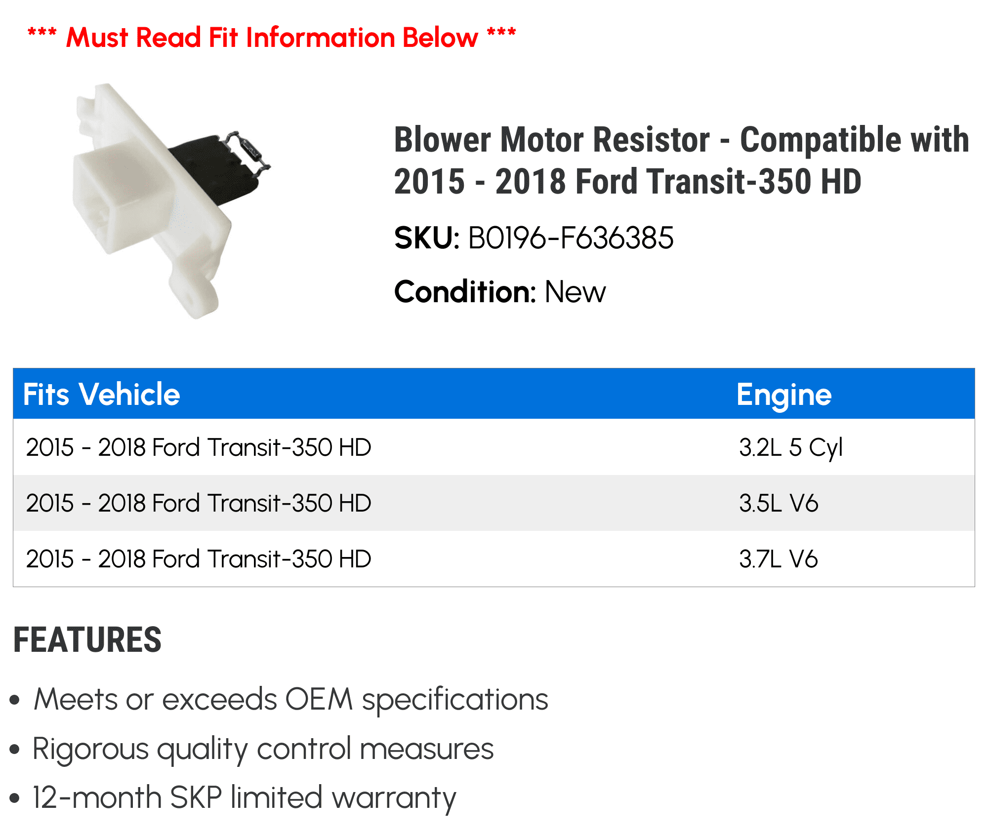 Blower Motor Resistor - Compatible with 2015 - 2018 Ford Transit-350 HD 2016 2017