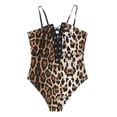 thumbnail image 1 of Women Leopard Print Lace Up Deep V Neck Sleeveless Jumpsuit Slim Bodysuit, 1 of 4