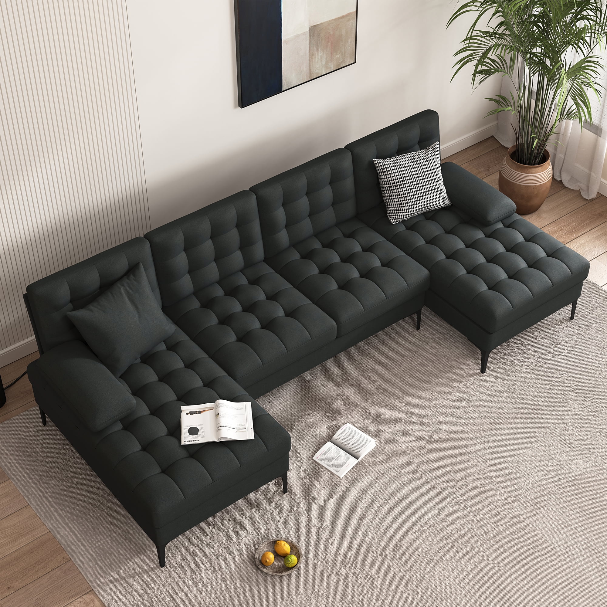 Kadyn U-shaped Soft-Covered Armrest Backrest Seat, Upholstery Sectional Sofa Couch with Wooden Frame Iron Frame, Dark Gray