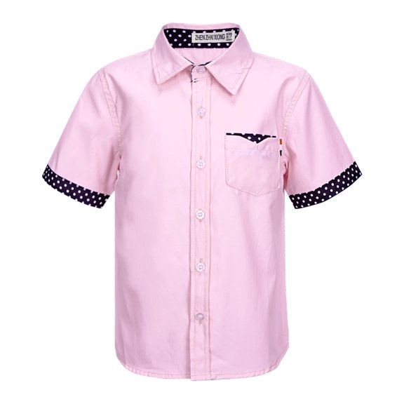 LiiYii Kids Boys Casual Short Sleeve Dress Shirts Turndown Collar Button Closure Polka Dots Print Pink 100