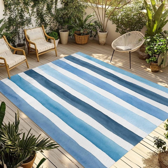 Blue Striped Outdoor Rug for Patio/Deck/Porch, Non-Slip Large Area Rug 3 x 5 Ft, Farmhouse Stripes Modern Art Indoor Outdoor Rugs Washable Area Rugs, Reversible Camping Rug Carpet Runner