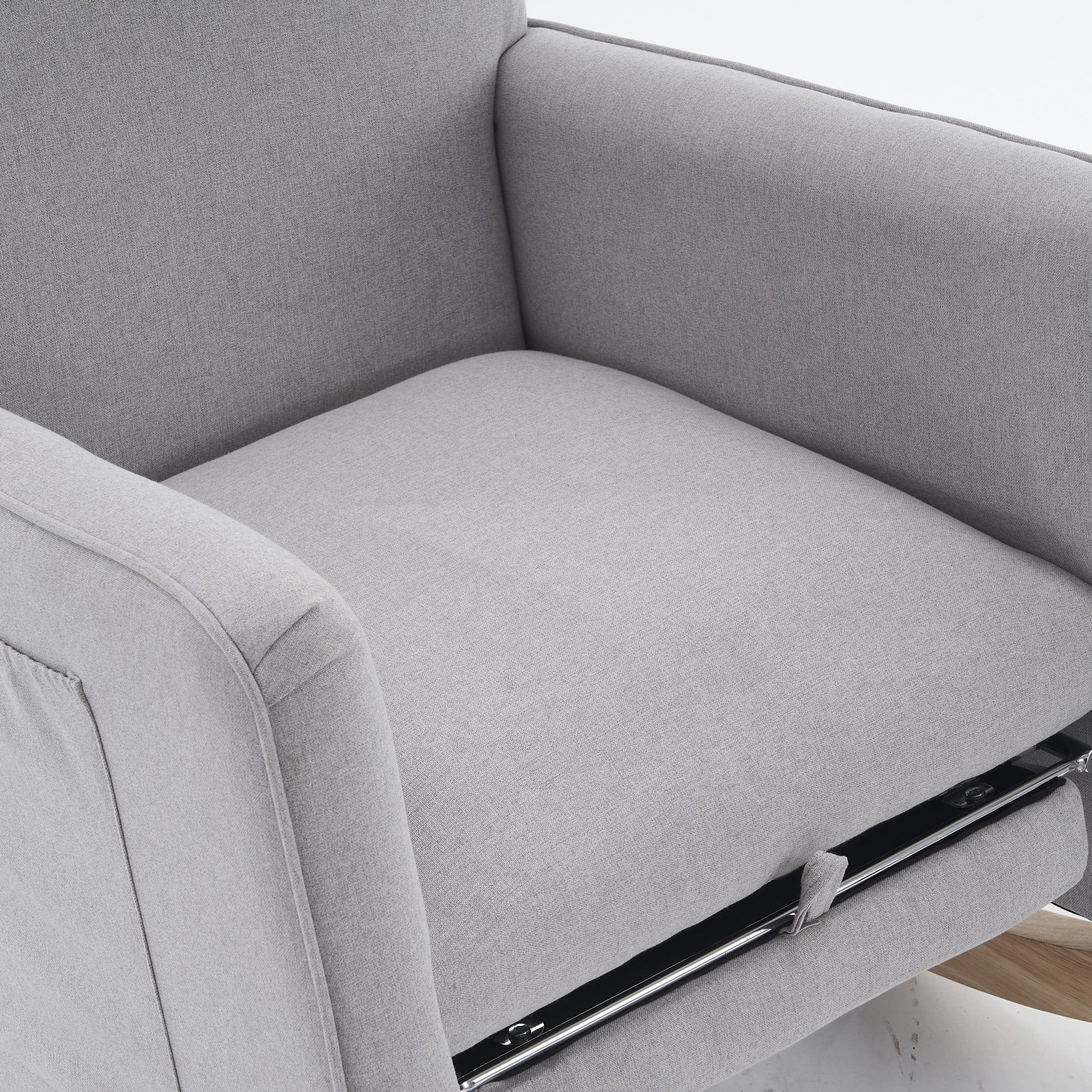 Noble House Nesta Upholstered Linen Glider Rocking Chair, Reclining Nursery Armchair with Adjustable Footrest, Light Gray