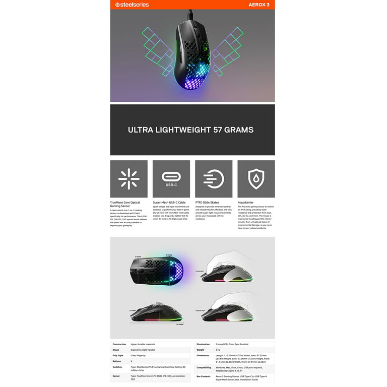 Optical Onyx Wired 3 Gaming Aerox SteelSeries - Mouse Super - RGB Honeycomb Light