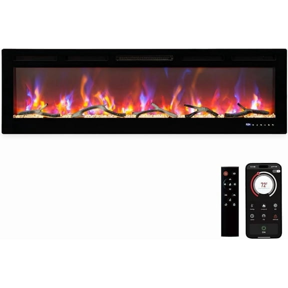 GarveeHome 67" Recessed Wall Mounted Electric Fireplace, 1500W Ultra-Thin Heater, 12 Flame Colors, Touch Screen, Remote & Timer, Smart Control, Brown