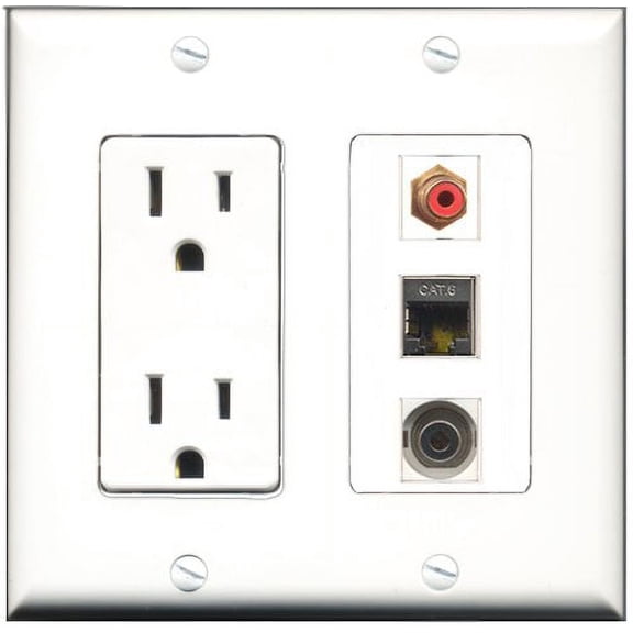 RiteAV - 15 Amp Power Outlet 1 Port RCA Red 1 Port Shielded Cat6 Ethernet Ethernet 1 Port 3.5mm Decorative Wall Plate