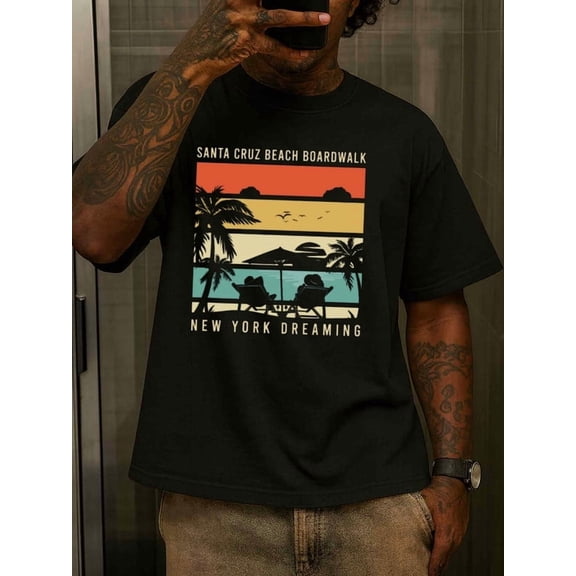 Santa Cruz Beach Christmas t shirts graphic t shirts for men 180G 100% Cotton black Summer wear Vintage-inspired, comfortable fit, printed T-shirts, streetwear-inspired couples' outfits beach humor