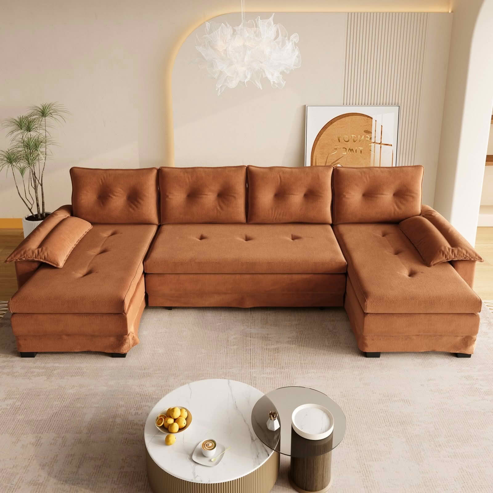 MAYEERTY 109.5" U‑Shaped Pull‑Out Sleeper Sofa, 2‑in‑1 Convertible Modular Sectional with Removable Armrests, USB Ports, Chaise Lounge, 4 Pillows Included
