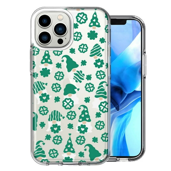 MUNDAZE Case for Apple iPhone 15 Pro Max Slim Hard Shell Soft TPU Hybrid Shockproof Heavy Duty Protective Phone Cover - Lucky Green St Patricks Day Cute Gnomes Shamrock Polkadots