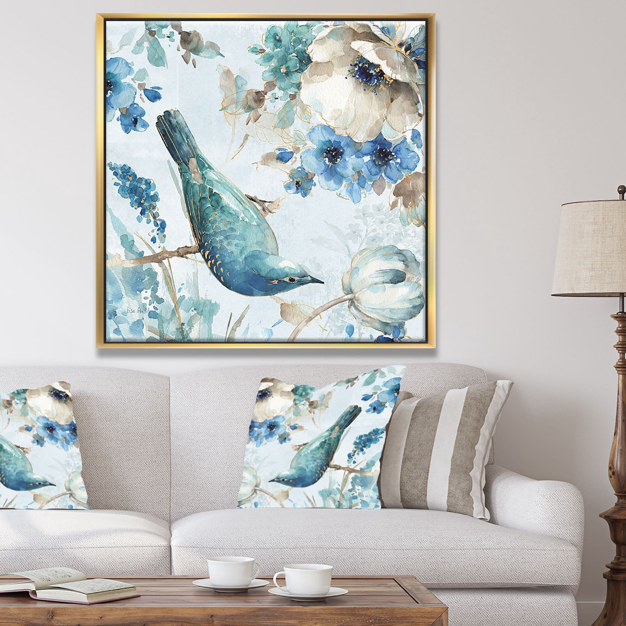 Designart ' Indigold Watercolor Lovely bird I ' Farmhouse Framed Canvas