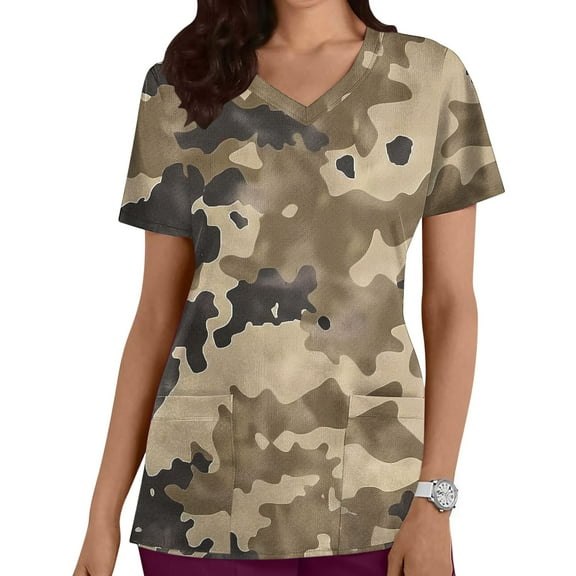 PiGOGI Women's Nursing Uniforms Camouflage Print Short Sleeve Pocket Workwear Top Healthcare Professional Army Green XL
