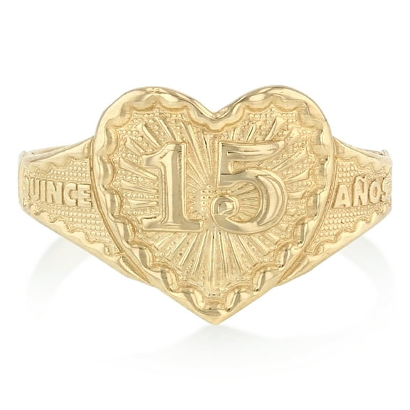 Ioka - 14K Solid Yellow Gold 15 Years Birthday with Heart Quinceanera Ring - Size 4
