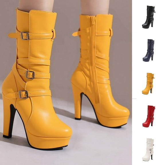 LOVZFMLL Boots for Women Mid Calf Winter Boots Buckle Round Toe Slip Resistant High Chunky Heel Fashion Fall Winter Shoes