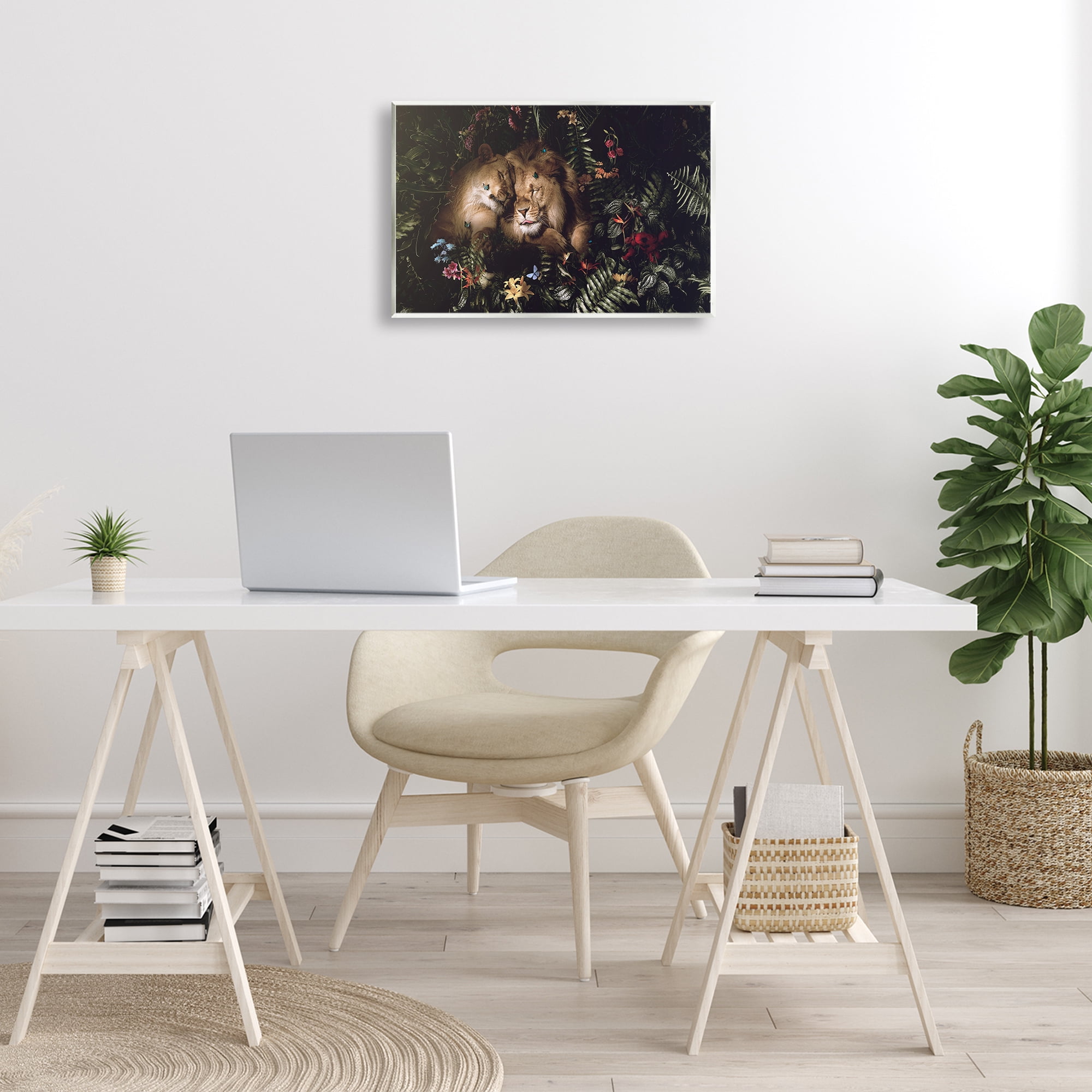 Stupell Industries Cuddling Lions Among Leaves Plants & Flowers Painting Unframed Art Print Wall Art, 19 x 13