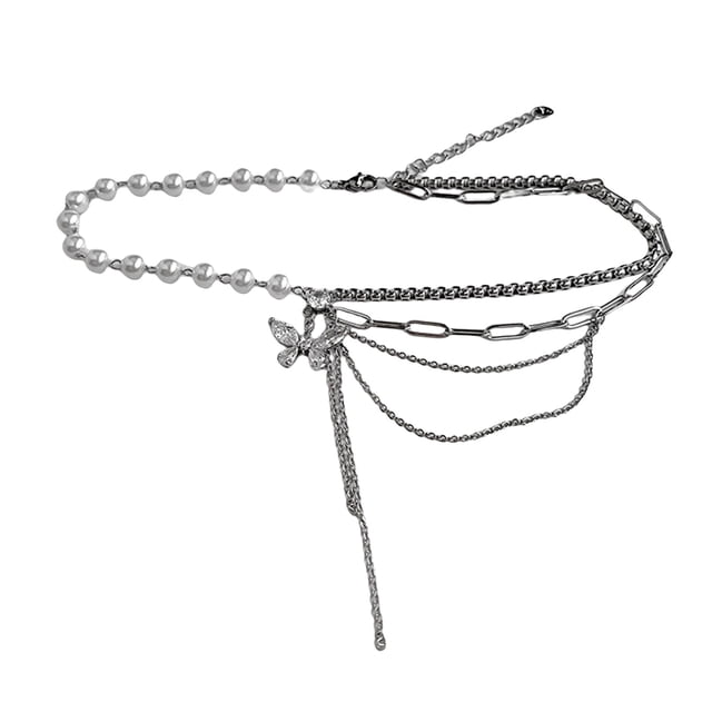 LYMAYTER Collier pour Femmes Collier pour Femmes - Multi - Couches, Perles Artificielles, Papillons à Franges