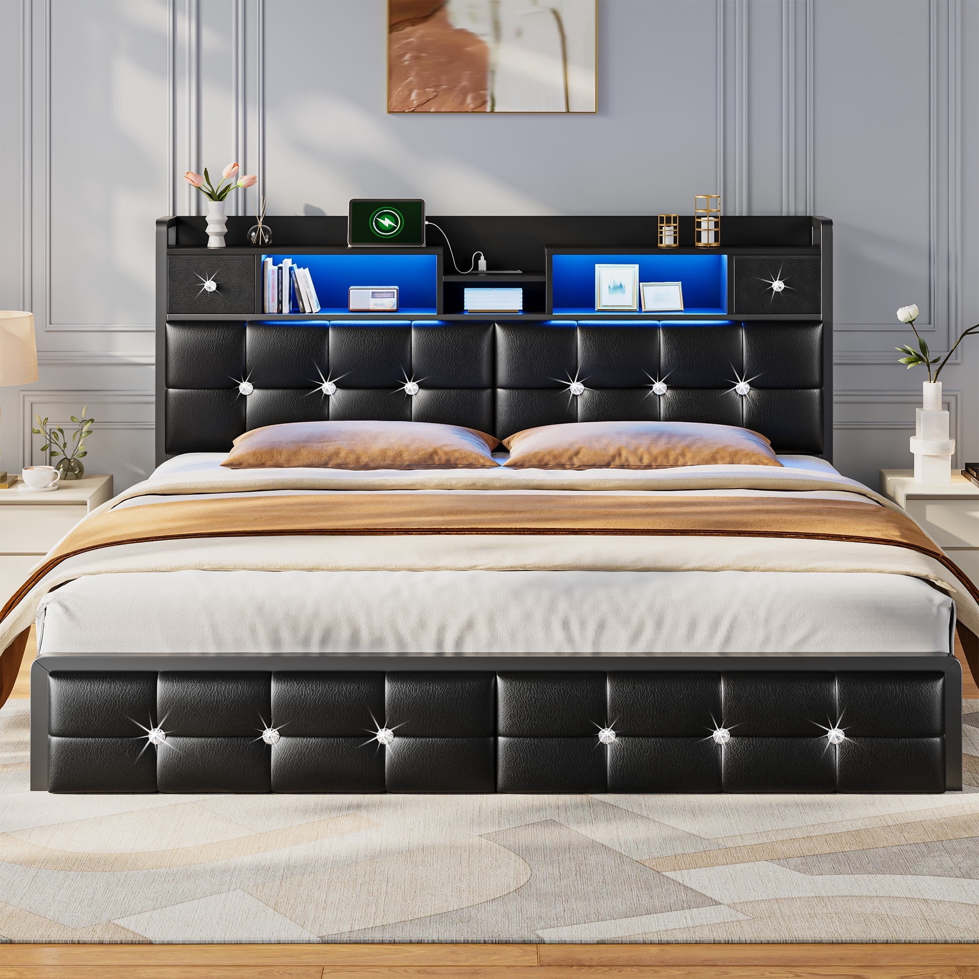 EnHomee Bed Frame with 2 Drawers King Size Bed Frame with Headboard & LED Lights Bed Frame with Storage & Headboard Drawers，Black