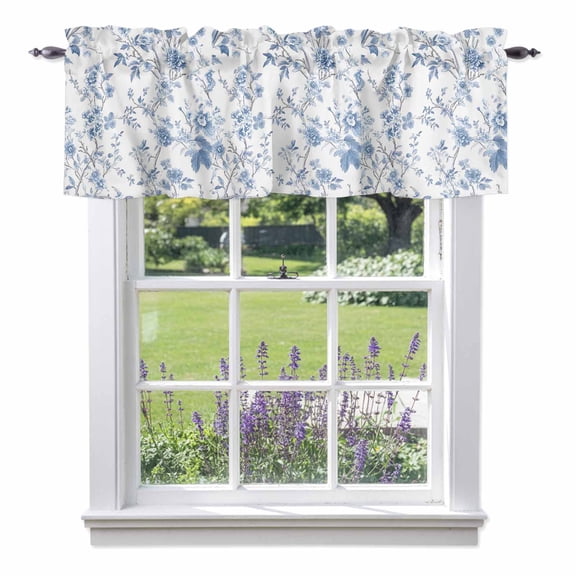 Blue White Spring Floral Kitchen Curtain Valances for Windows Farmhouse Short Curtains, Summer Botanical Birds Rod Pocket Valance Curtain for Bedroom Cafe Living Room 60"x18"