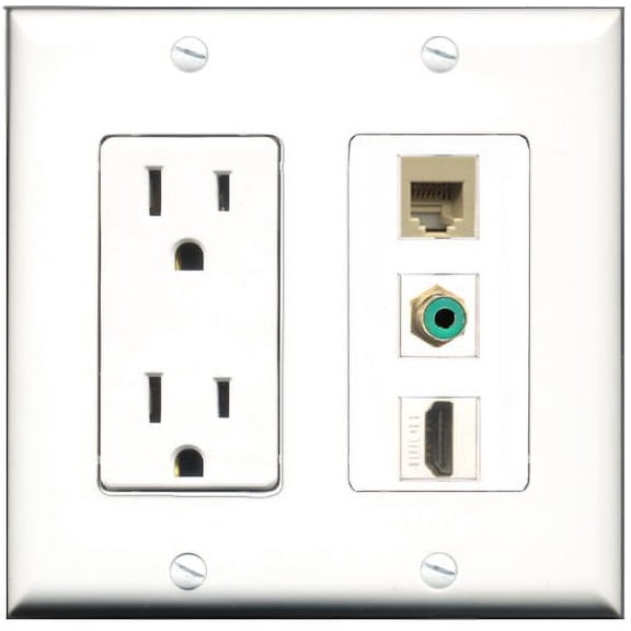 RiteAV - 15 Amp Power Outlet 1 Port HDMI 1 Port RCA Green 1 Port Phone Beige Decorative Wall Plate