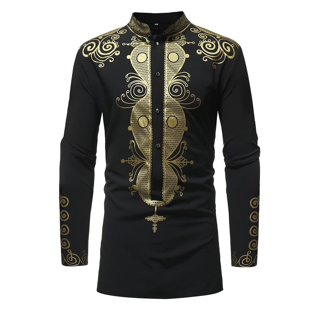 Winter Mens Luxury African Print Long Sleeve Dashiki Shirt Top Special Blouse US