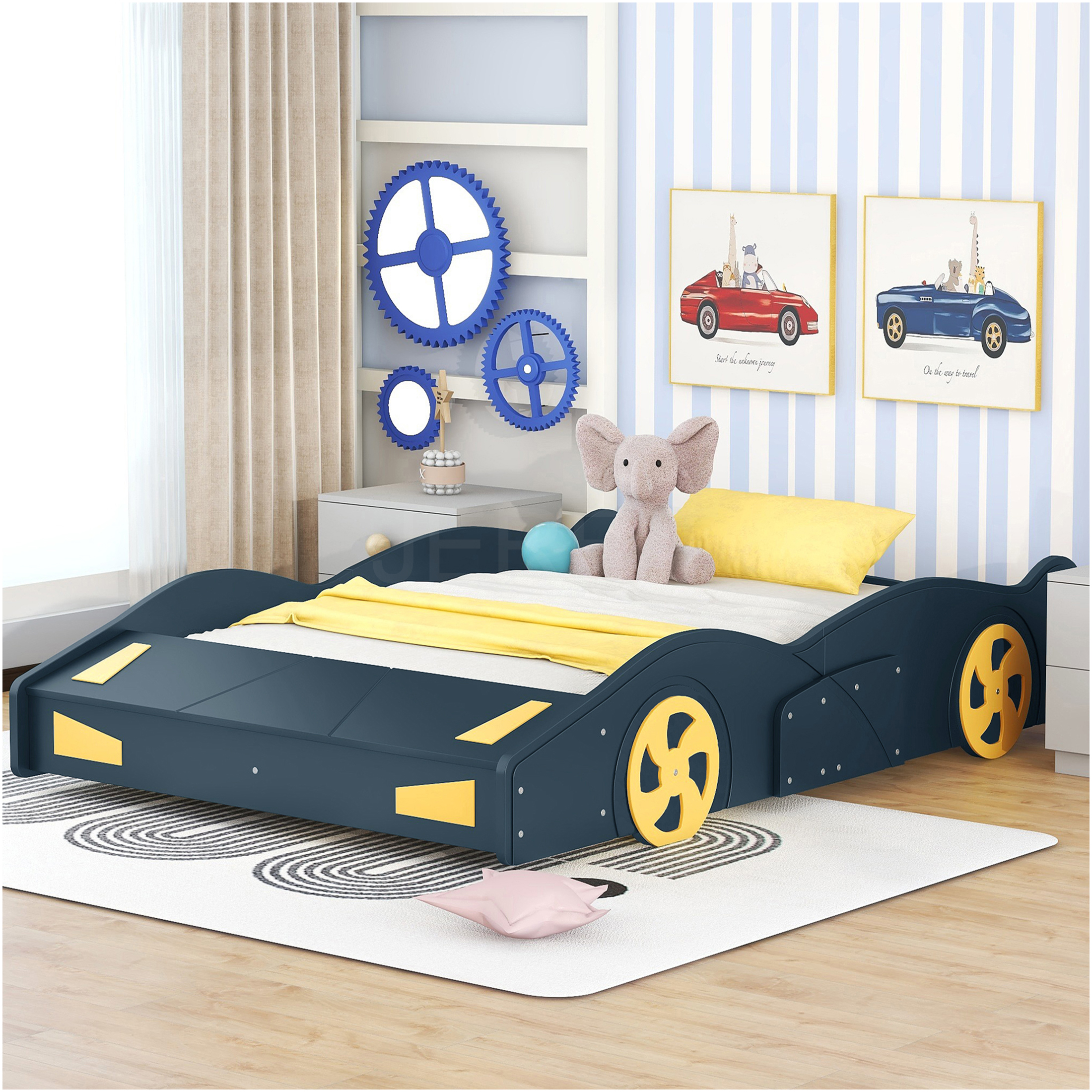 JERFIT Full Size Race Car Platform Bed with Storage, Dark Blue Wood Bed Frame with Wheels, No Box Spring Needed