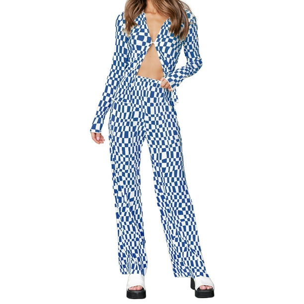 VISgogo Mujeres Tops Pantalones Traje, Manga Larga Solapa Cuello Botones Sueltos Camisa Pantalones Largos Verano Primavera 2 Piezas Traje VISgogo moda