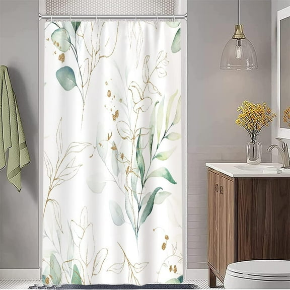Lucksign Sage Green and Gold Floral Polyester Shower Curtain, 36" x 72" Waterproof