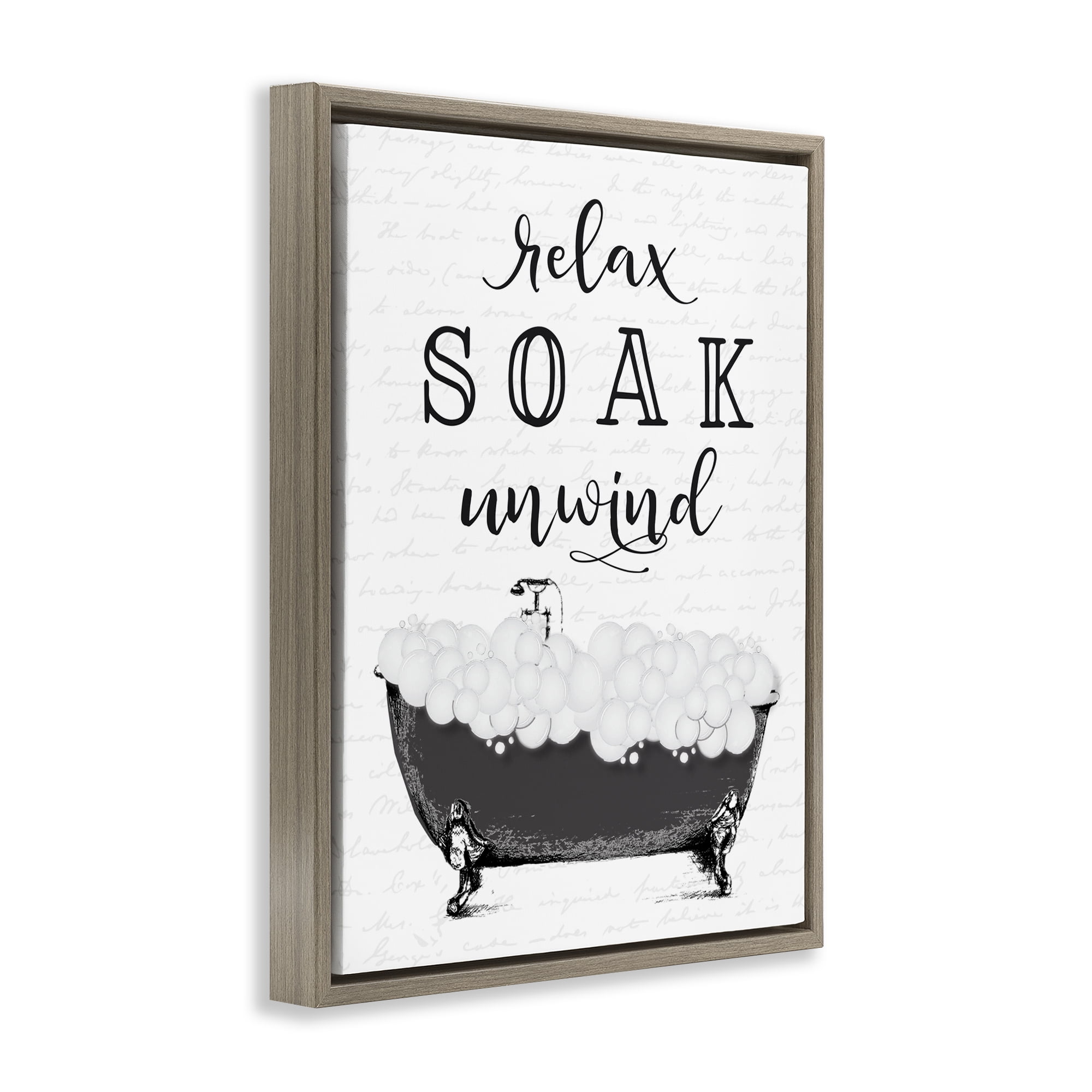 Soak Unwind Bubble Bath Brown Framed Floater Canvas Wall Art, design by Lettered and Lined