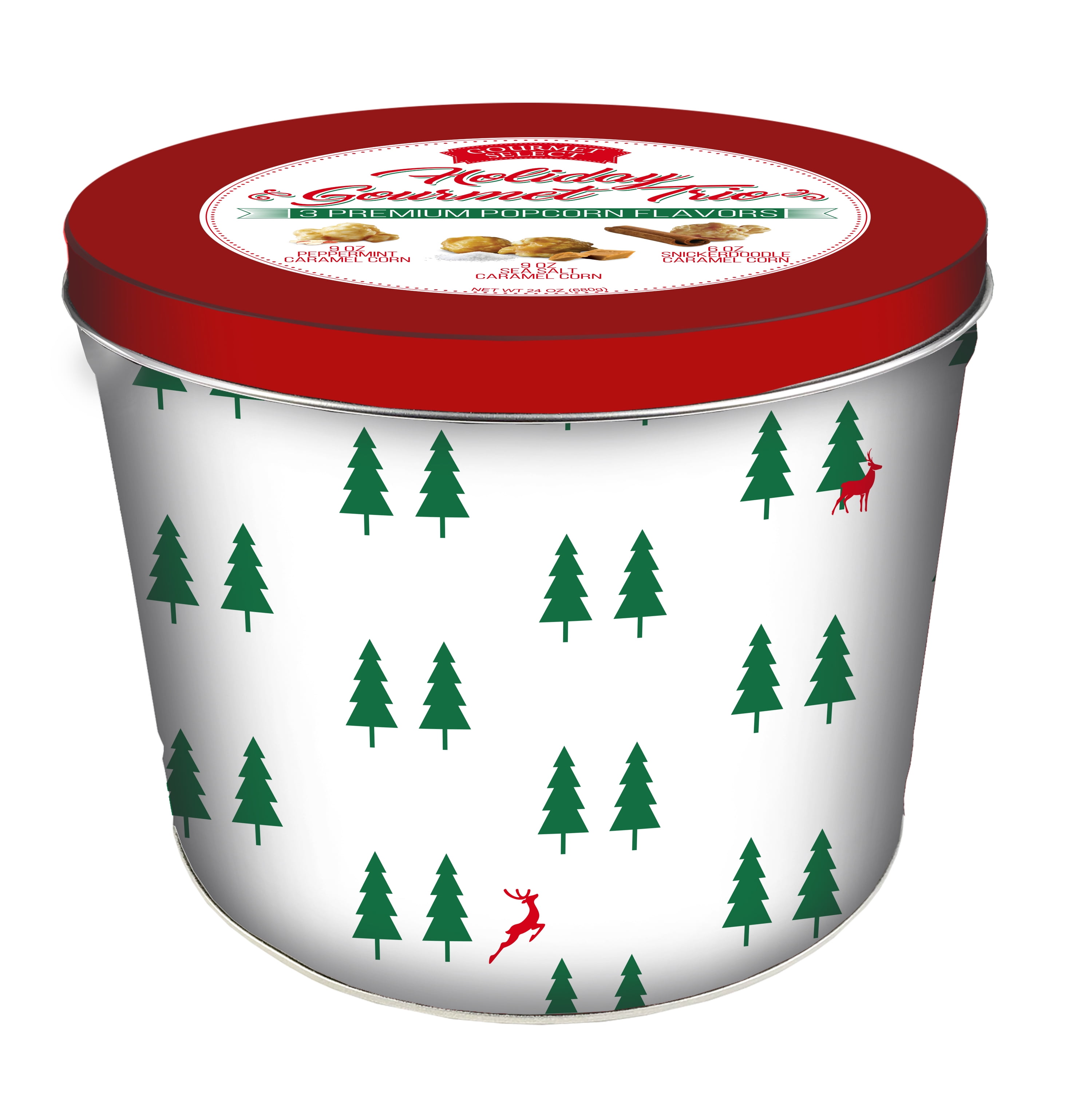 Hickory Farms Gourmet Select Reindeer & Tree Assorted Popcorn Tin, 24 oz. (Peppermint, Snickerdoodle & Sea Salt Caramel Flavored Popcorn)