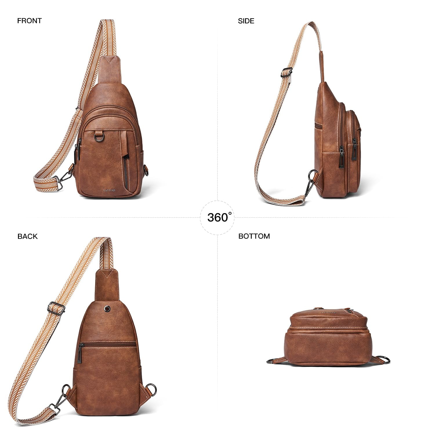 LATMAP  Crossbody Sling Bag for Women & Men, Leather Anti-Theft Hiking Fanny Pack，Brown